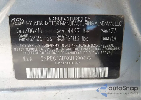 2012 Hyundai Sonata Limited 2.0T z USA, uszkodzony, nr VIN 5NPEC4ABXCH390472